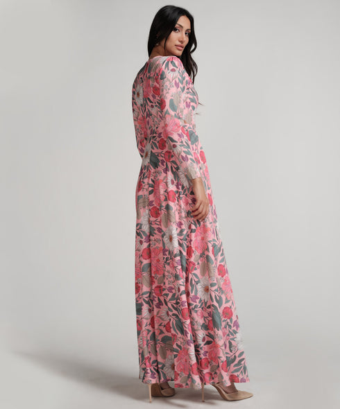 Long Sleeve Printed Chiffon Maxi Dress